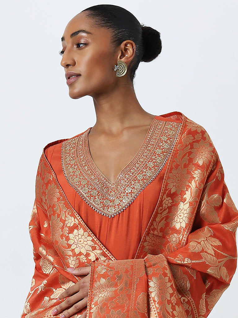 Vark Orange Embellished Kurti, Palazzos and Dupatta Set