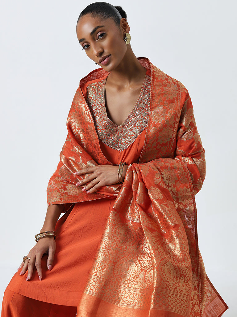 Vark Orange Embellished Kurti, Palazzos and Dupatta Set