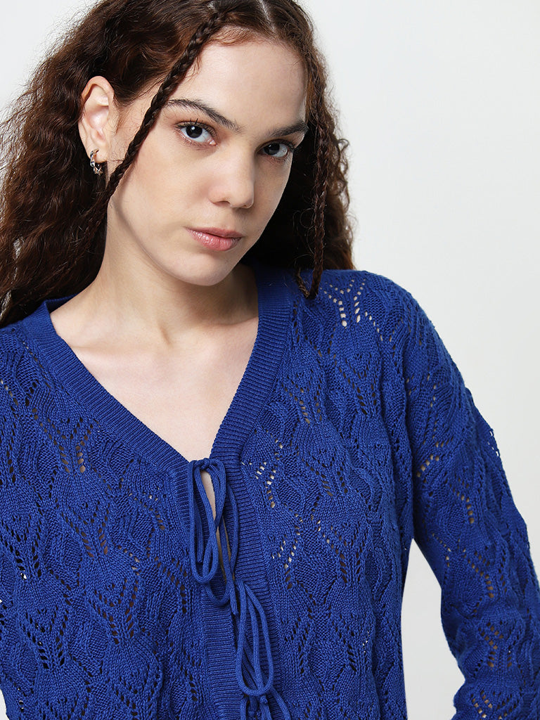 Nuon Dark Blue Knit-Textured Cotton Top