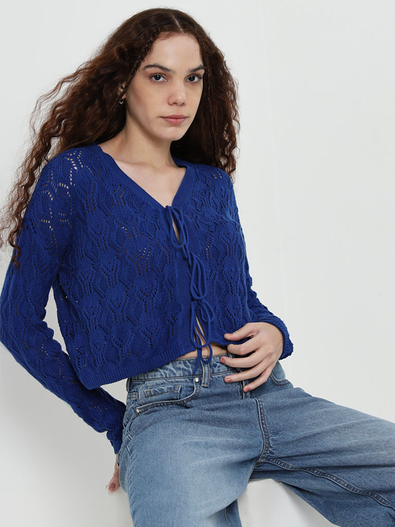 Nuon Dark Blue Knit-Textured Cotton Top