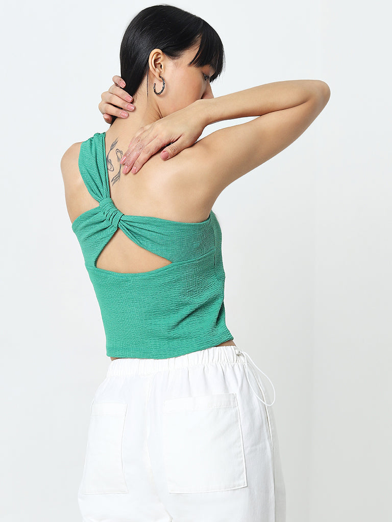 Nuon Green Self-Textured One-Shoulder Top