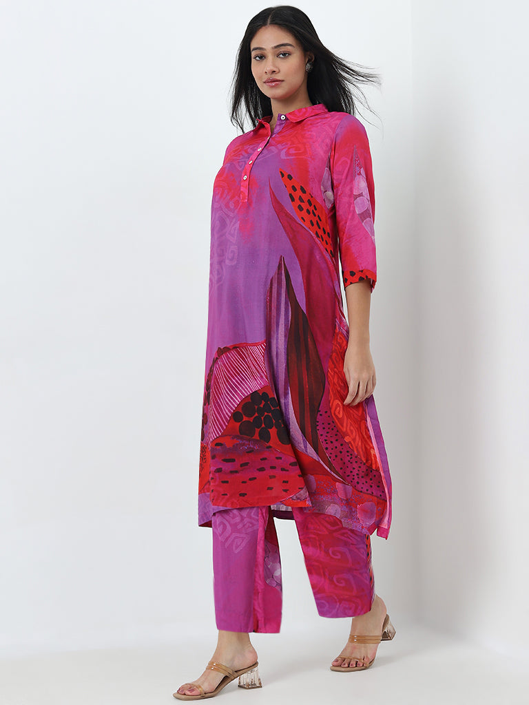 Diza Magenta Printed High-Rise Palazzos