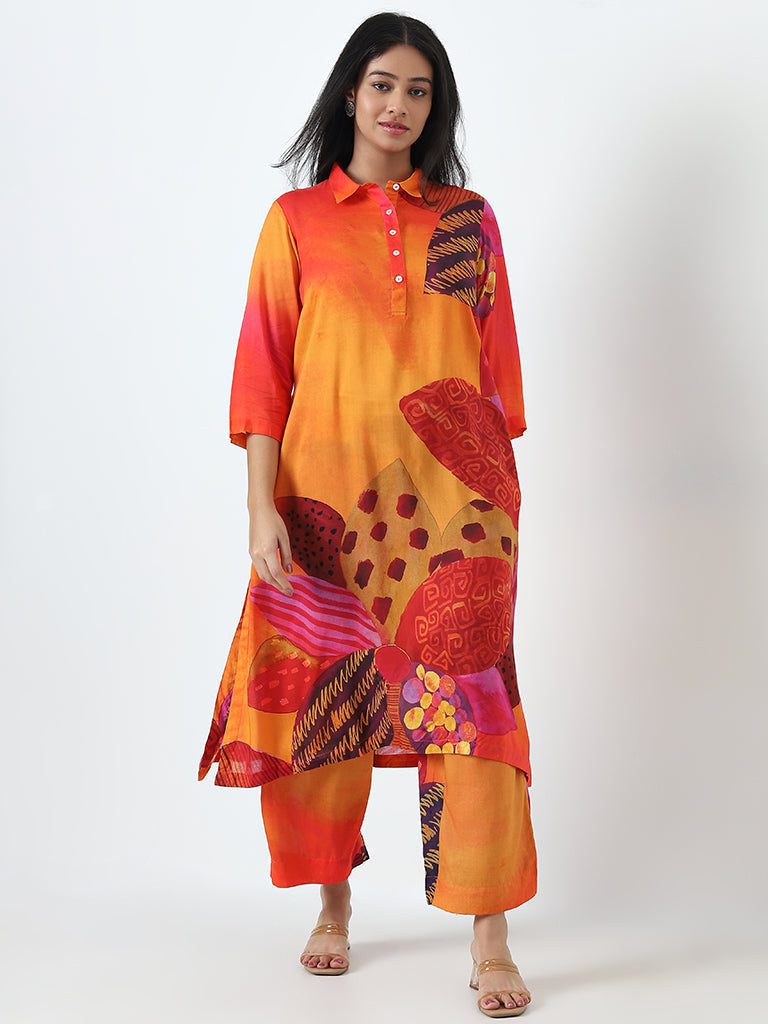 Diza Orange Tropical Printed High-Rise Palazzos