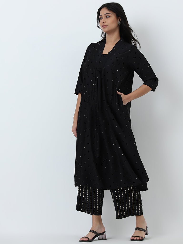 Diza Black Embellished High-Rise Palazzos