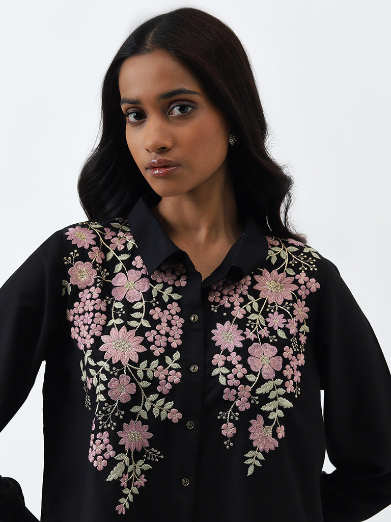 Vark Black Floral Embroidered Tunic & Palazzos Set