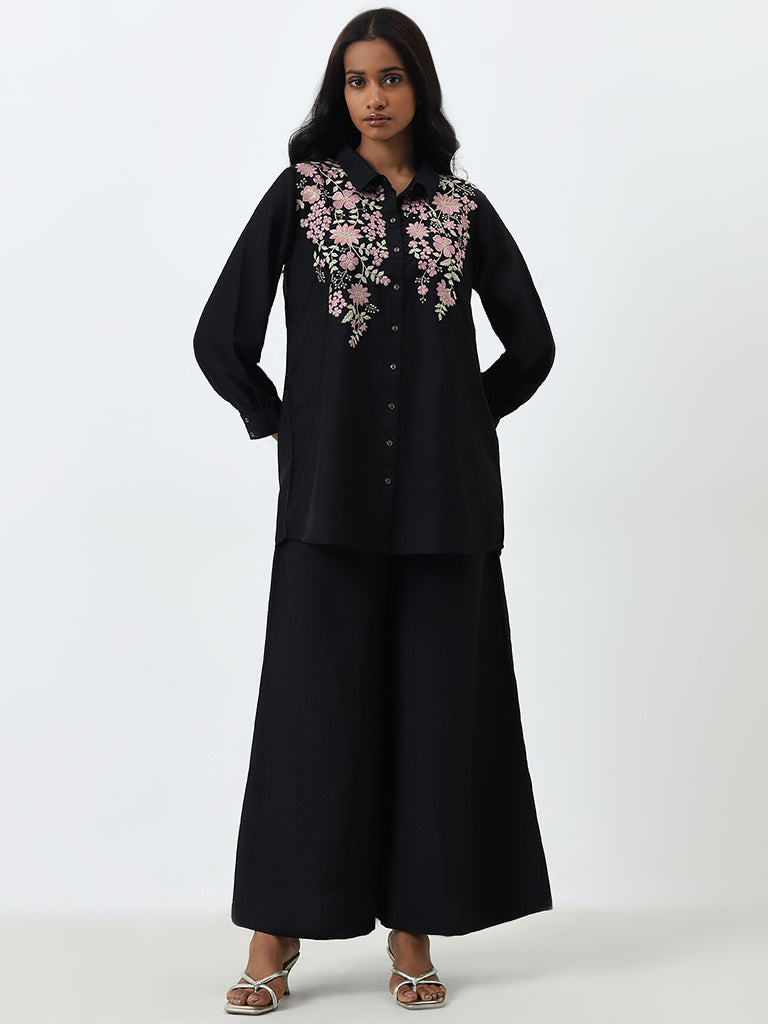 Vark Black Floral Embroidered Tunic & Palazzos Set