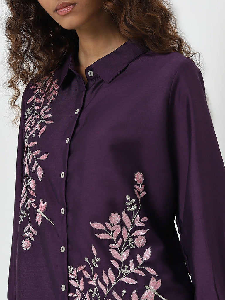 Vark Purple Embellished Straight Tunic and Pants Set