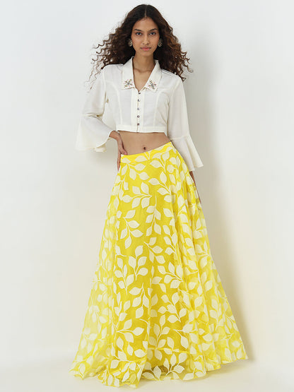 Vark Yellow Leaf Design Flared Skirt