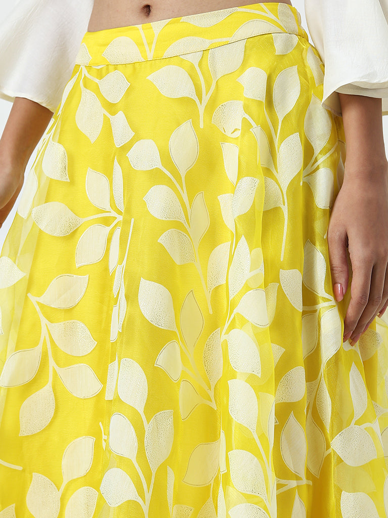 Vark Yellow Leaf Design Flared Skirt