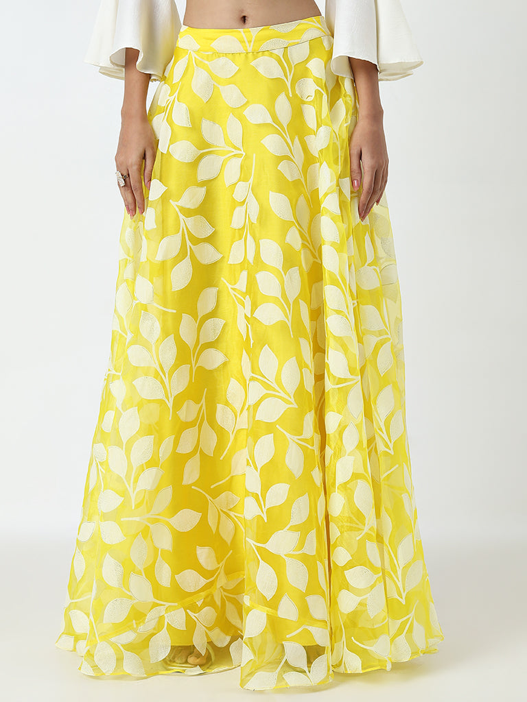 Vark Yellow Leaf Design Flared Skirt