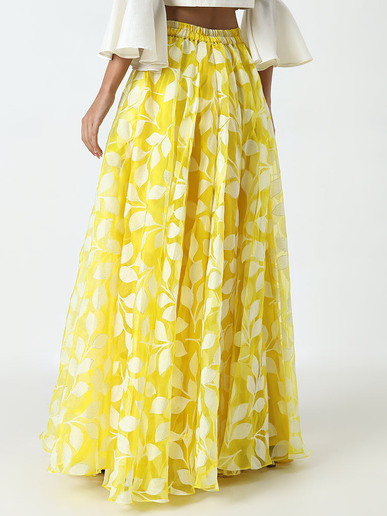 Vark Yellow Leaf Design Flared Skirt