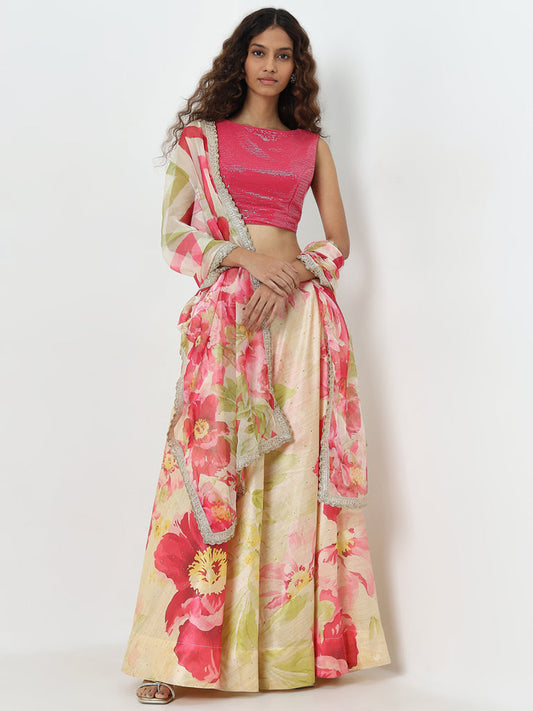 Vark Pink Embellished Top, Skirt and Dupatta Set