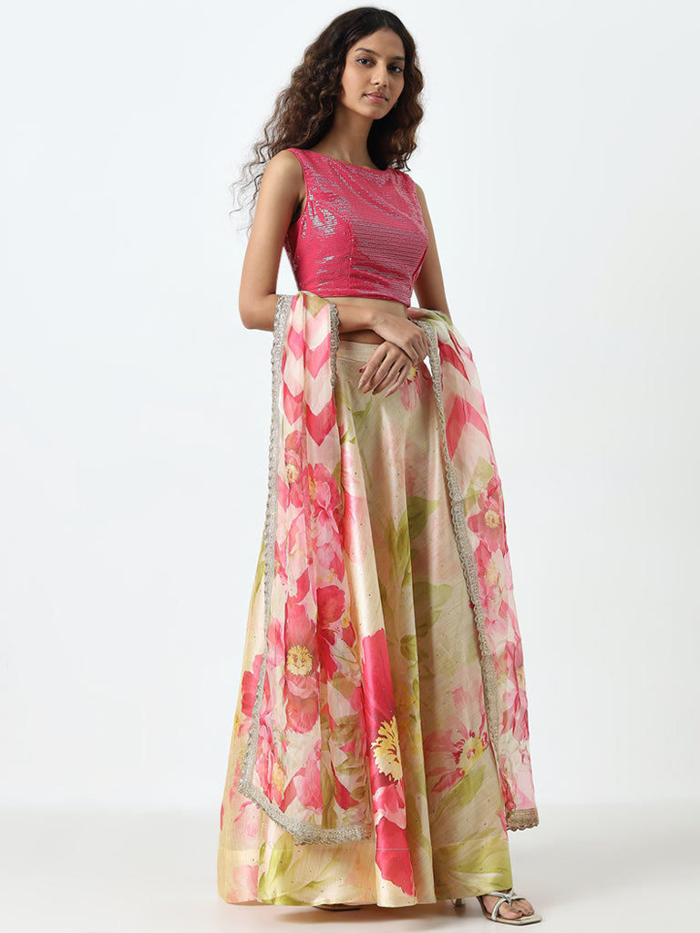 Vark Pink Embellished Top, Skirt and Dupatta Set