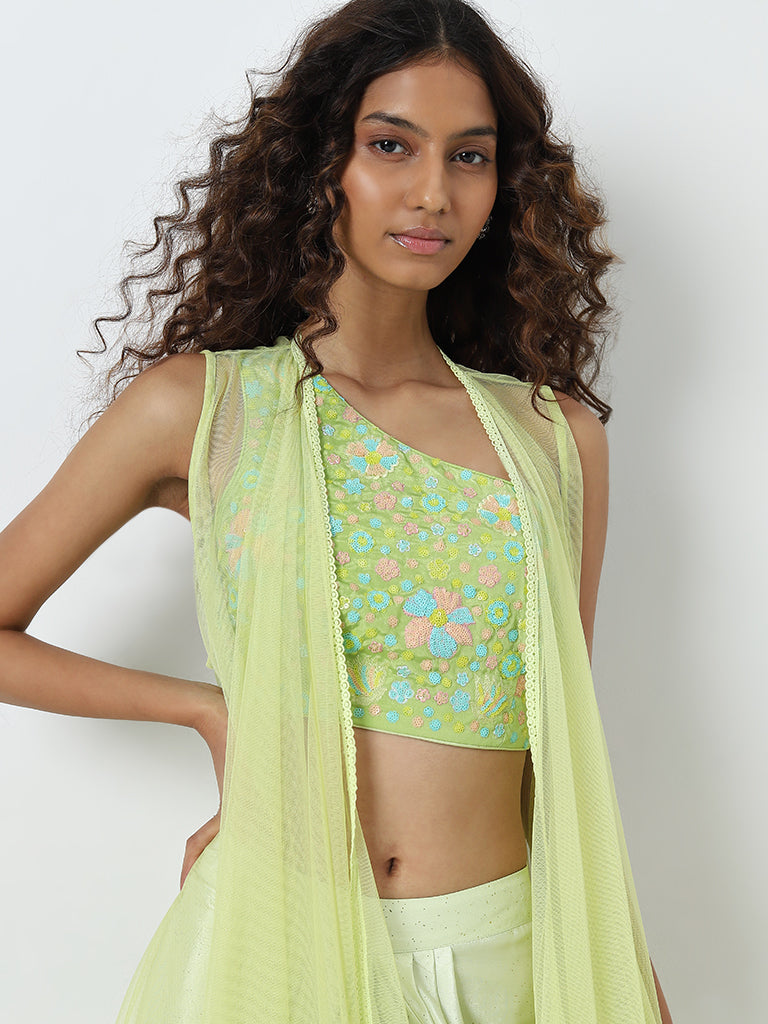 Vark Light Green Floral Embellished Blouse, Skirt and Shrug Set