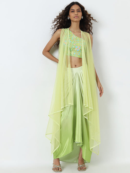 Vark Light Green Floral Embellished Blouse, Skirt and Shrug Set