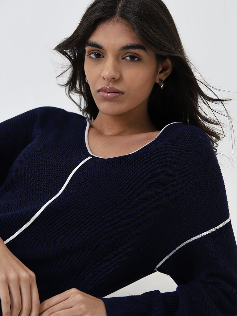 LOV Navy Knit-Textured Top