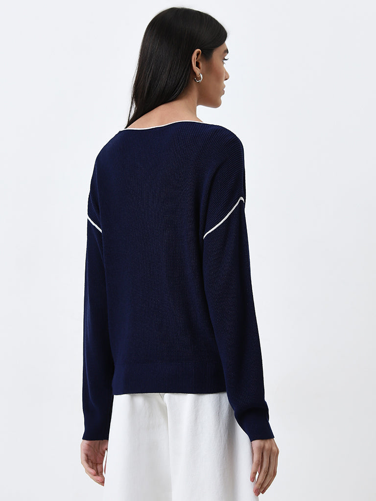 LOV Navy Knit-Textured Top