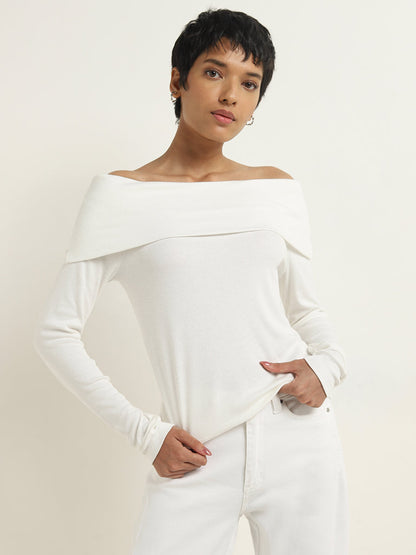 LOV White Ribbed Textured Off-Shoulder Top