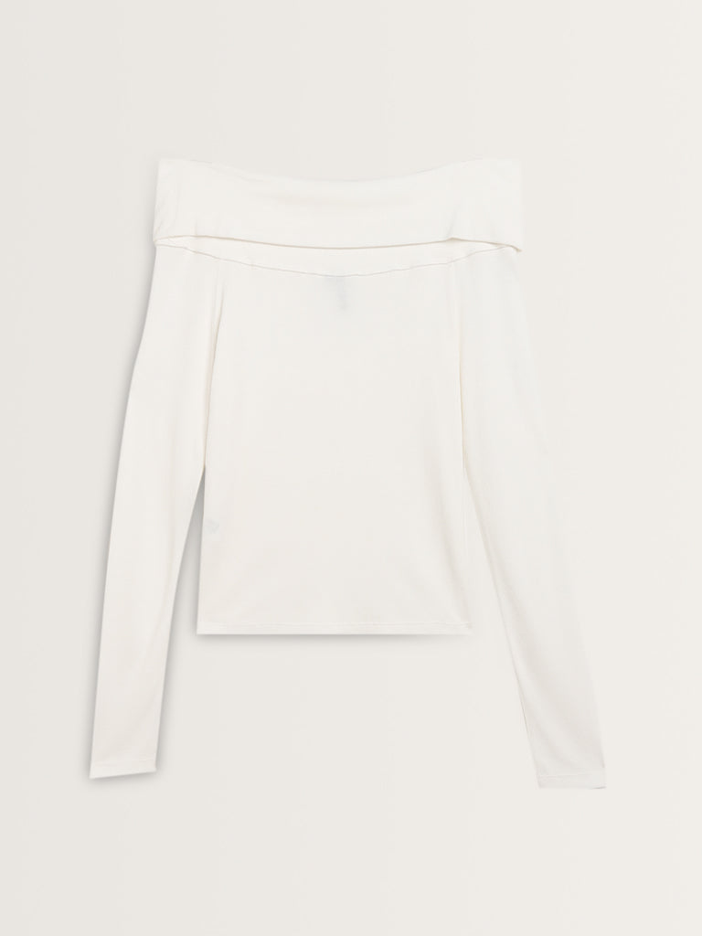 LOV White Ribbed Textured Off-Shoulder Top