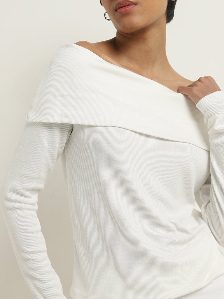 LOV White Ribbed Textured Off-Shoulder Top