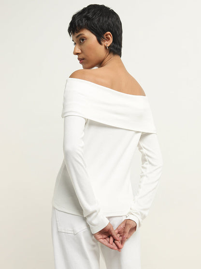 LOV White Ribbed Textured Off-Shoulder Top