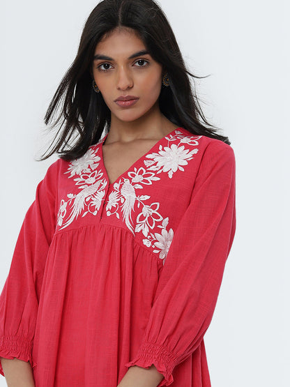 Utsa Pink Floral Embroidered A-Line Cotton Kurti