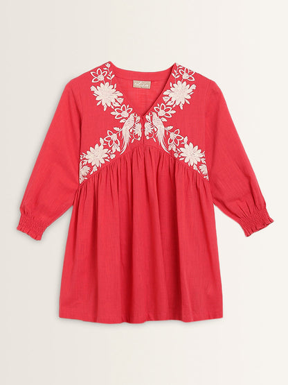 Utsa Pink Floral Embroidered A-Line Cotton Kurti