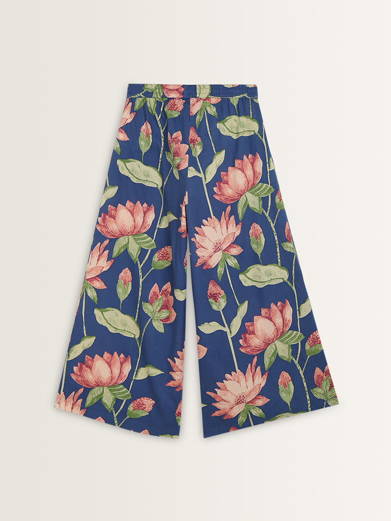 Utsa Blue Floral Printed High-Rise Cotton Palazzos