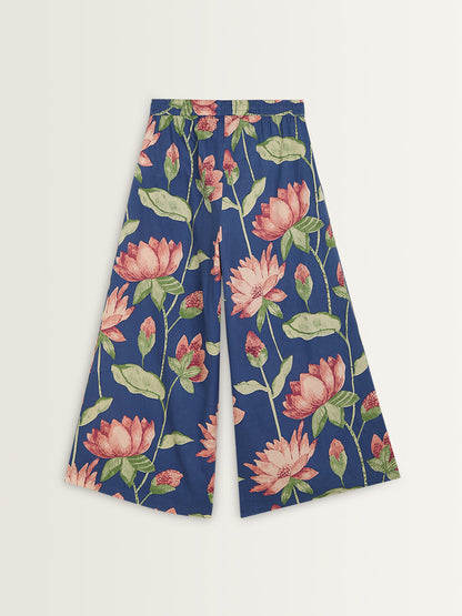 Utsa Blue Floral Printed High-Rise Cotton Palazzos