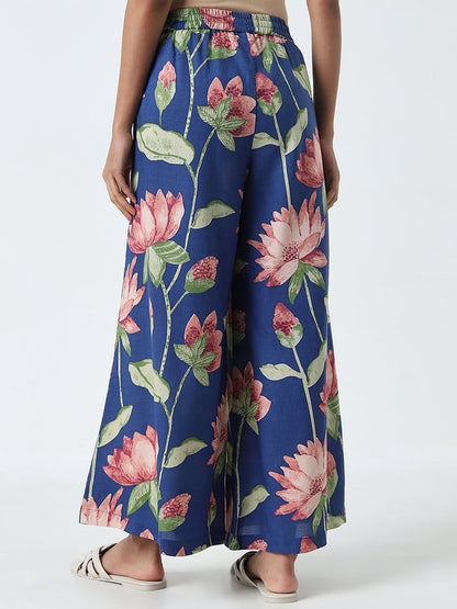 Utsa Blue Floral Printed High-Rise Cotton Palazzos