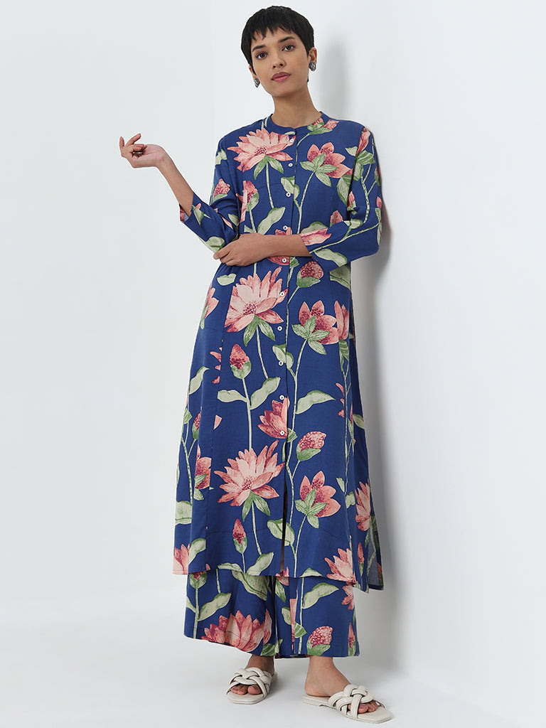 Utsa Blue Floral Printed High-Rise Cotton Palazzos