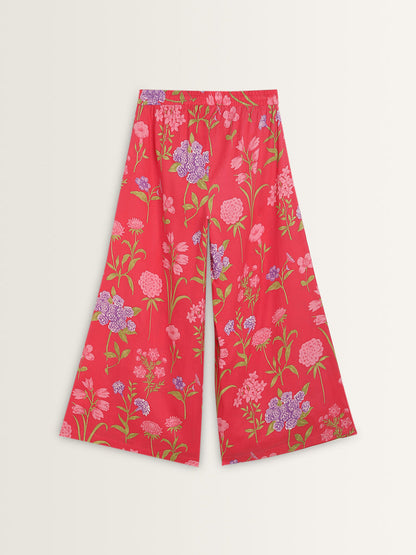 Utsa Pink Floral Design High-Rise Cotton Palazzos