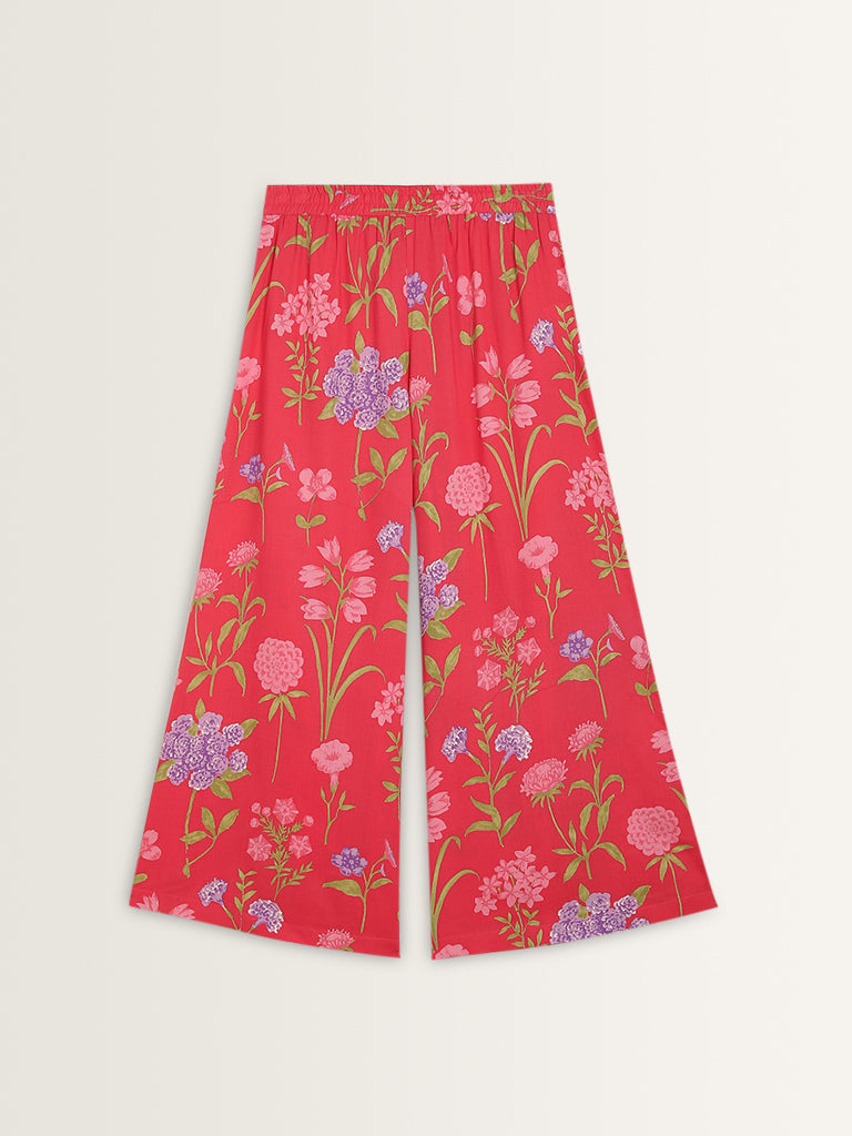 Utsa Pink Floral Design High-Rise Cotton Palazzos