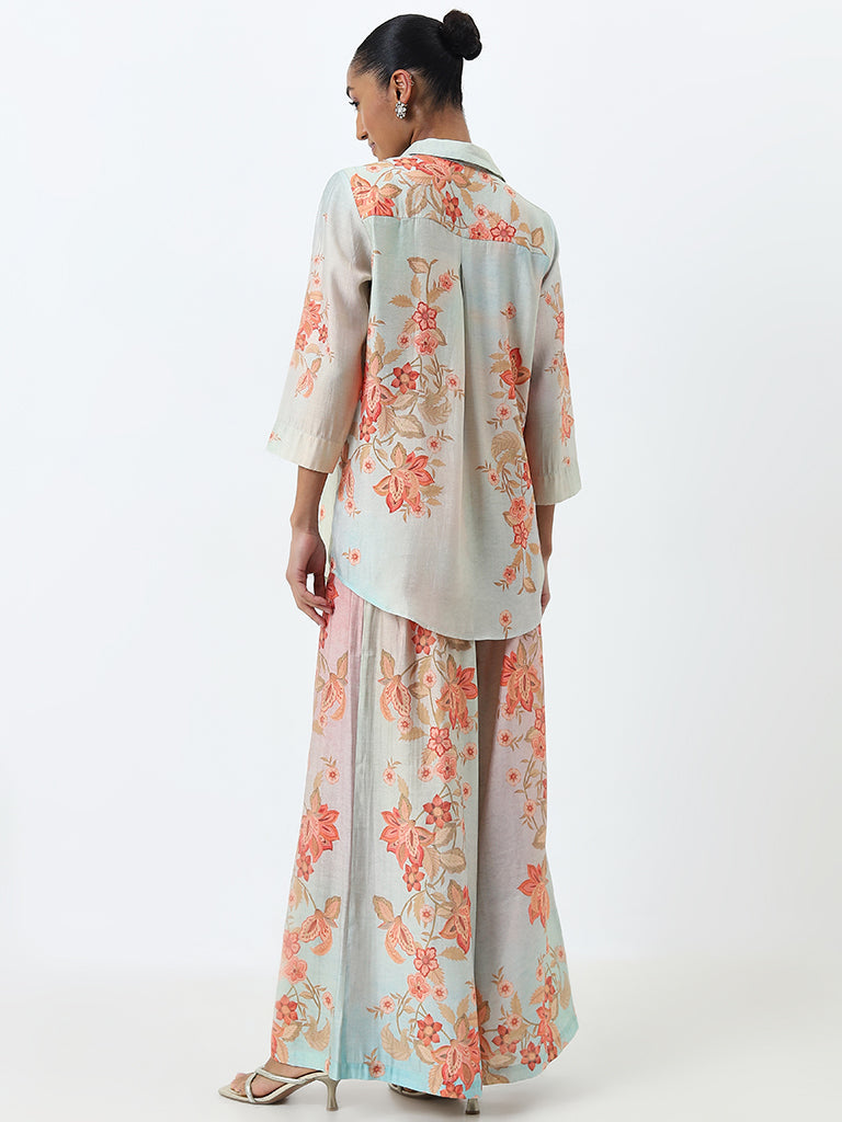 Vark Aqua Floral Printed Ethnic Tunic and Palazzos Set