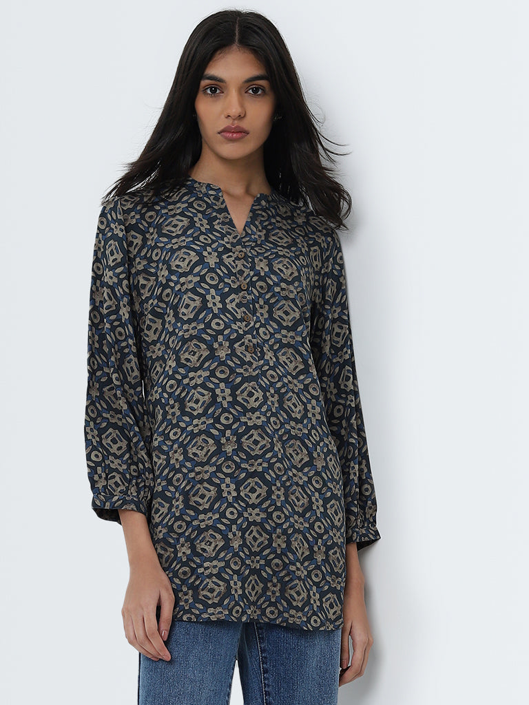 Utsa Navy Abstract Pattern Straight Cotton Kurti