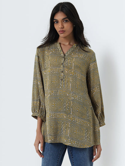 Utsa Mustard Abstract Printed Straight Cotton Kurti