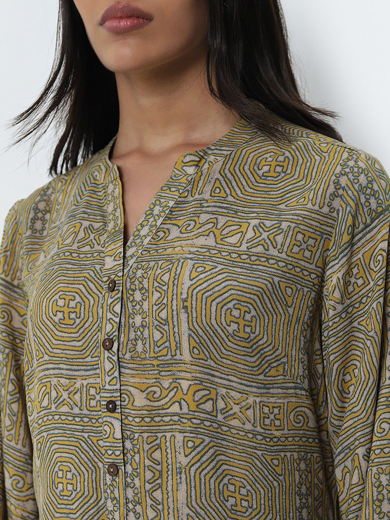 Utsa Mustard Abstract Printed Straight Cotton Kurti