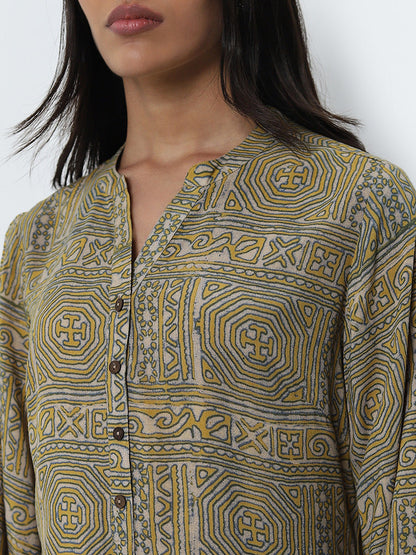 Utsa Mustard Abstract Printed Straight Cotton Kurti