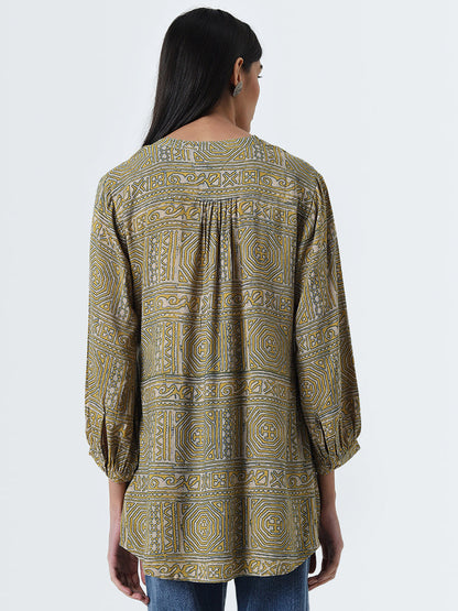 Utsa Mustard Abstract Printed Straight Cotton Kurti