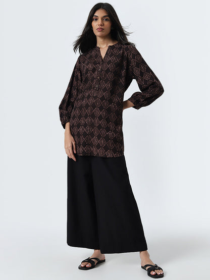 Utsa Dark Brown Abstract Design Straight Cotton Kurti