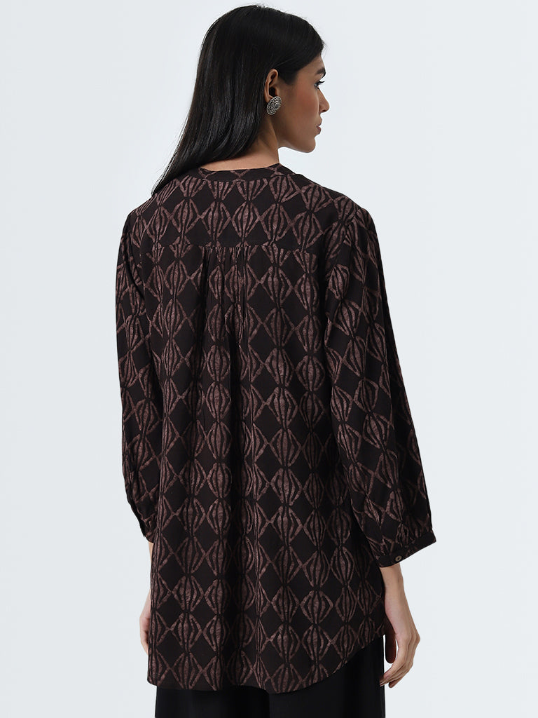 Utsa Dark Brown Abstract Design Straight Cotton Kurti