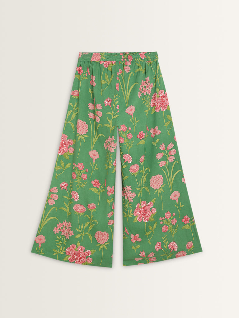 Utsa Green Floral Design High-Rise Palazzos