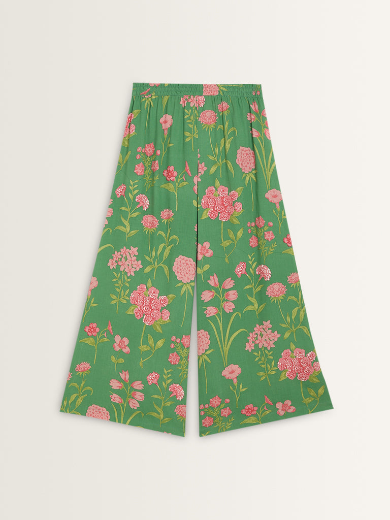 Utsa Green Floral Design High-Rise Palazzos