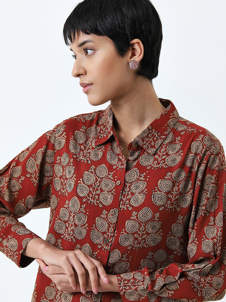 Utsa Dusty Red Foliage Printed Ethnic Tunic