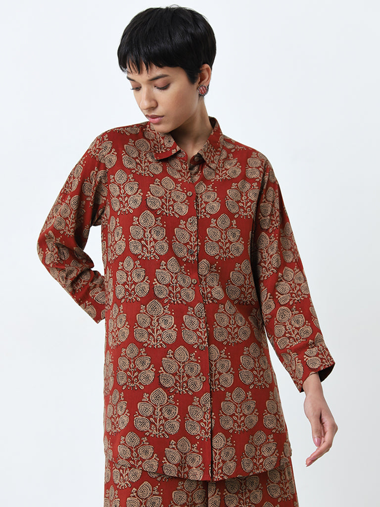 Utsa Dusty Red Foliage Printed Ethnic Tunic