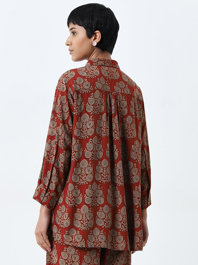 Utsa Dusty Red Foliage Printed Ethnic Tunic