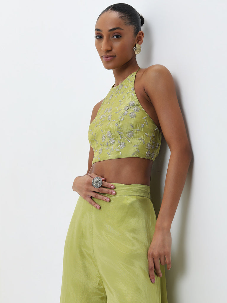 Vark Lime Floral Embellished Top and Palazzos Set