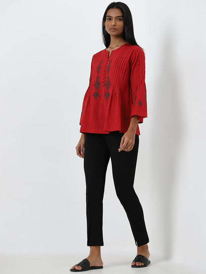 Utsa Red Embroidered A-Line Cotton Kurti