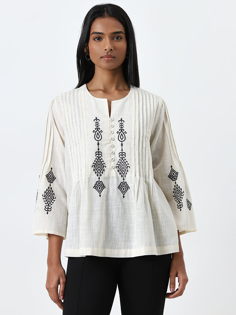 Utsa Off-White Embroidered A-Line Cotton Kurti