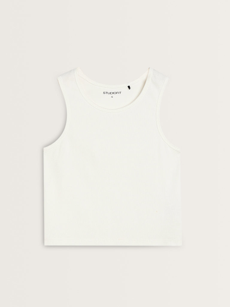 Studiofit White Ribbed Cotton Blend Tank Top